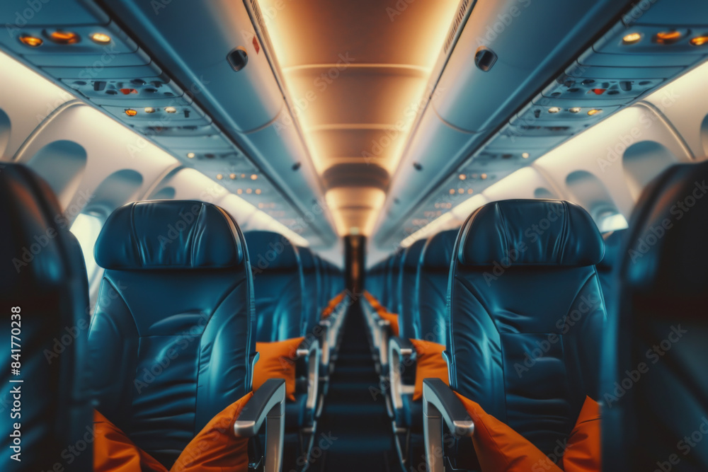 Empty passenger seats in cabin of the aircraft. Plane interior. Business class Empty passenger seats in cabin of the aircraft. Plane interior. Business class