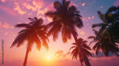 Palm trees swaying gently in the breeze against a tropical sunset