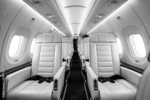Empty passenger seats in cabin of the aircraft. Plane interior. Business class © Poramet