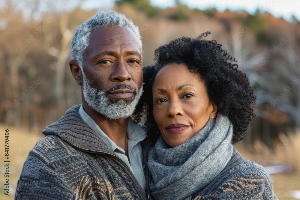 Portrait of a tender mixed race couple in their 60s dressed in a warm wool sweater isolated on backdrop of an idyllic countryside Portrait of a tender mixed race couple in their 60s dressed in a warm wool sweater isolated on backdrop of an idyllic countryside