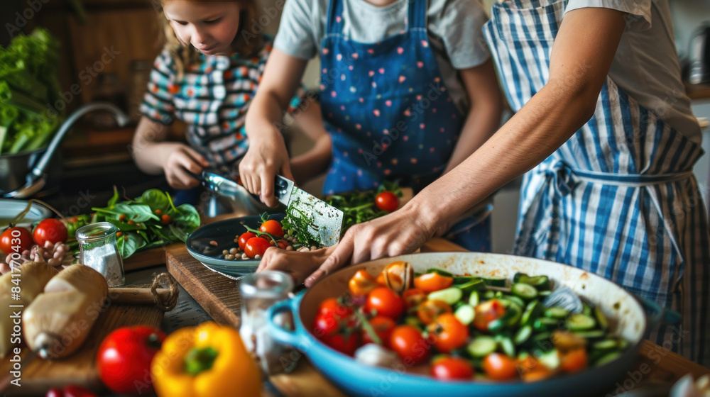 Parents and children preparing a healthy, organic meal together Parents and children preparing a healthy, organic meal together