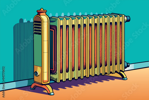 vintage radiator with decorative top and bottom parts. It is set against the background of a two-color wall: