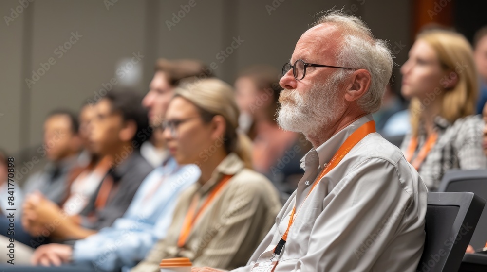 Cybersecurity seminar, expert presenting, diverse and attentive audience Cybersecurity seminar, expert presenting, diverse and attentive audience
