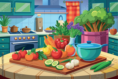 a kitchen scene centered on a wooden cutting board with various fruits and vegetables. It shows tomatoes, lemons, an apple and a peach. the theme is healthy eating habits and cooking fresh food.