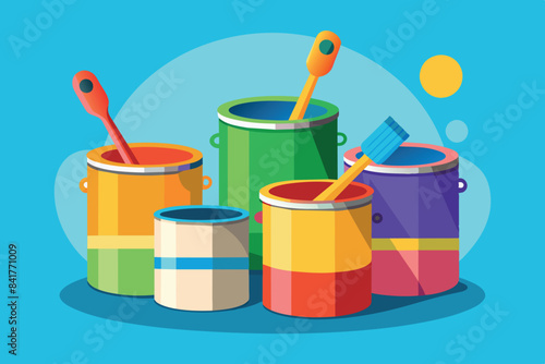 paint cans with bright splashes in the background, suggestive of painting or art. They are painted in blue, red and yellow, which are the primary colors. The painting brush is dipped into the jar.