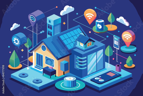 smart home concept, with various devices connected via wireless networks. Among them are lighting, climate control, security and entertainment systems, all integrated for automation and remote access.