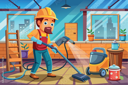 an indoor worker vacuuming the floor with an electric vacuum cleaner. The foreman is wearing a helmet, safety goggles and overalls, indicating compliance with safety measures.
