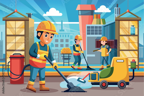 an indoor worker vacuuming the floor with an electric vacuum cleaner. The foreman is wearing a helmet, safety goggles and overalls, indicating compliance with safety measures.