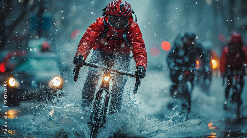 Cycling in Extreme Weather: cyclists riding state-of-the-art bikes through extreme weather conditions like rain or snow, showcasing the durability and resilience of modern cycling ge Cycling in Extreme Weather: cyclists riding state-of-the-art bikes through extreme weather conditions like rain or snow, showcasing the durability and resilience of modern cycling ge