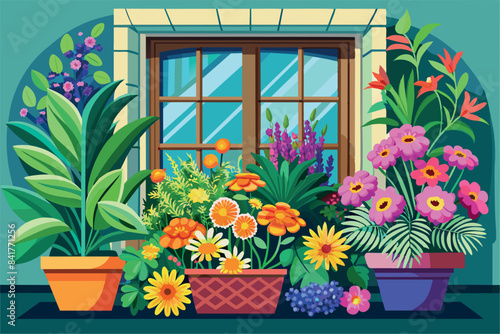 A windowsill with three pots containing colorful flowers.The theme depicts a peaceful and vibrant indoor gardening scene, which can evoke a sense of tranquility and respect for nature.