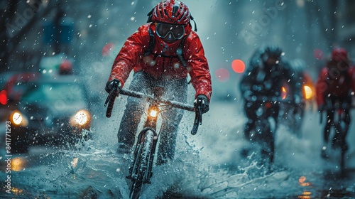 Cycling in Extreme Weather: cyclists riding state-of-the-art bikes through extreme weather conditions like rain or snow, showcasing the durability and resilience of modern cycling ge