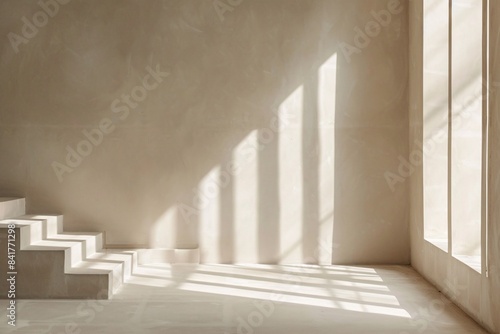 Minimalist interior with sunlight casting shadows from a large window