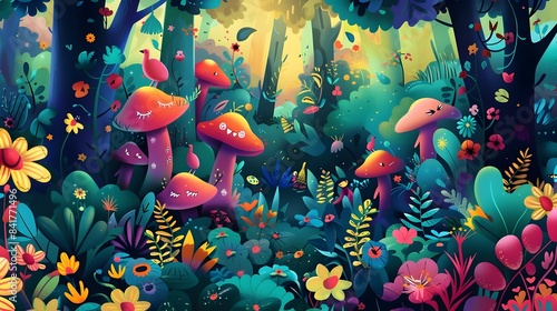 Enchanted Fantastical Forest Teeming with Quirky Mushroom Characters and Vivid Vegetation