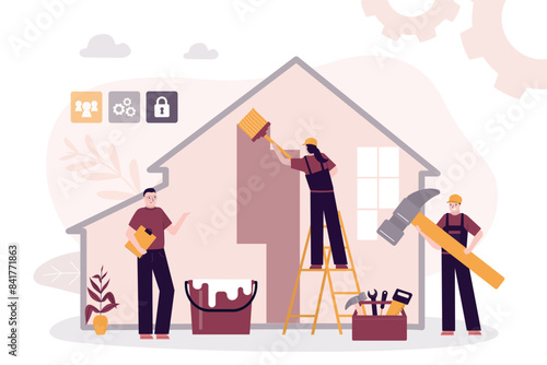 Repair or reconstruction of house. Team of repairman with various repair tools. Group of handyman doing house renovation. Builders in uniform work inside.