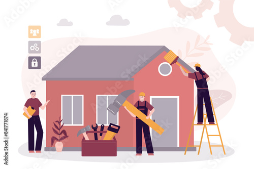Repair or reconstruction of house. Team of repairman with various repair tools. Group of handyman doing house renovation.