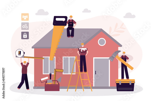 Repair or reconstruction of house. Team of repairman with various repair tools. Group of handyman doing house renovation. Builders in uniform work outside. photo