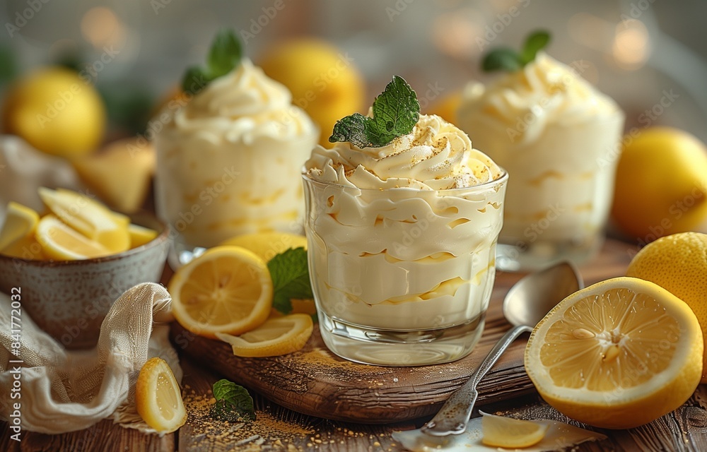 Panna cotta with lemon cream in a glass, next to a bowl of cut lemons and a spoon Panna cotta with lemon cream in a glass, next to a bowl of cut lemons and a spoon