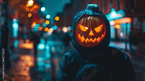 halloween horror concept , a person wearing a glowing spooky pumpkin and wearing a backpack on his chest instead of back to spook everyone .