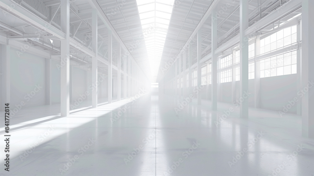 An empty big white clean warehouse. Background image. Created with Generative AI technology. An empty big white clean warehouse. Background image. Created with Generative AI technology.