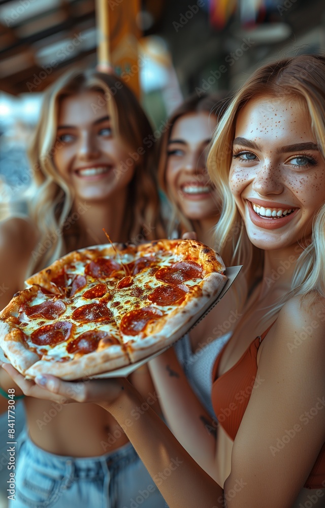 Three pals laughing, enjoying slices of pizza outdoors. Friends bonding, relishing pizza on the sidewalk Three pals laughing, enjoying slices of pizza outdoors. Friends bonding, relishing pizza on the sidewalk