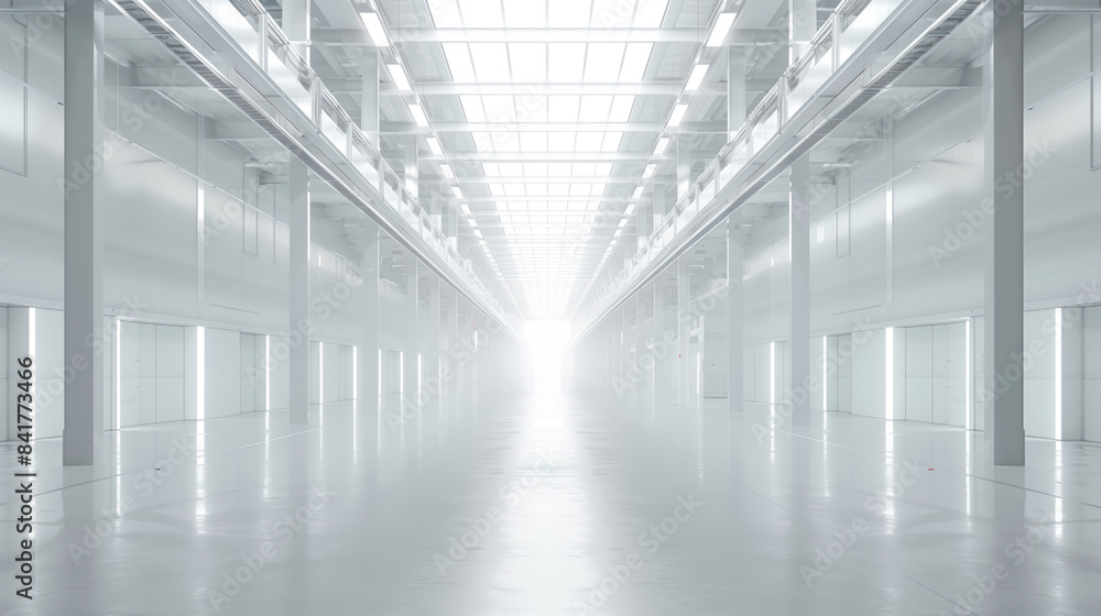 An empty big white clean warehouse. Background image. Created with Generative AI technology. An empty big white clean warehouse. Background image. Created with Generative AI technology.