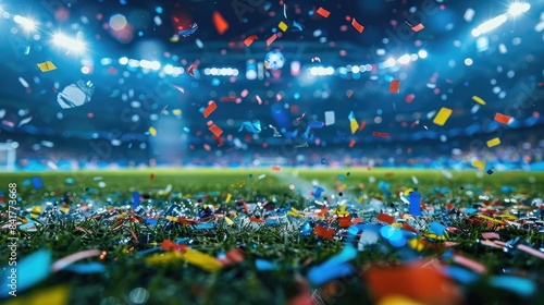 Celebratory UEFA Champions League Final: Lay’s Logo Confetti Falling on Pitch During Winner’s Podium Celebration