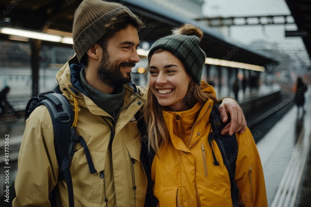 Portrait of a satisfied multicultural couple in their 30s wearing a lightweight packable anorak on modern city train station Portrait of a satisfied multicultural couple in their 30s wearing a lightweight packable anorak on modern city train station