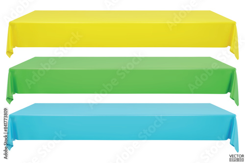 Set of realistic Rectangular Tablecloth on top table isolated on white Background. Empty yellow, green, blue cloth table. Silk table clothes. Meeting room table clothes. 3D vector illustration.