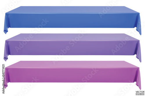 Set of realistic Rectangular Tablecloth on top table isolated on white Background. Empty blue, purple, magenta, cloth table. Silk table clothes. Meeting room table clothes. 3D vector illustration.