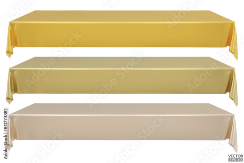 Set of realistic golden Rectangular Tablecloth on top table on white Background. Empty gold cloth table. Silk table clothes. Meeting room table clothes. 3D vector illustration.