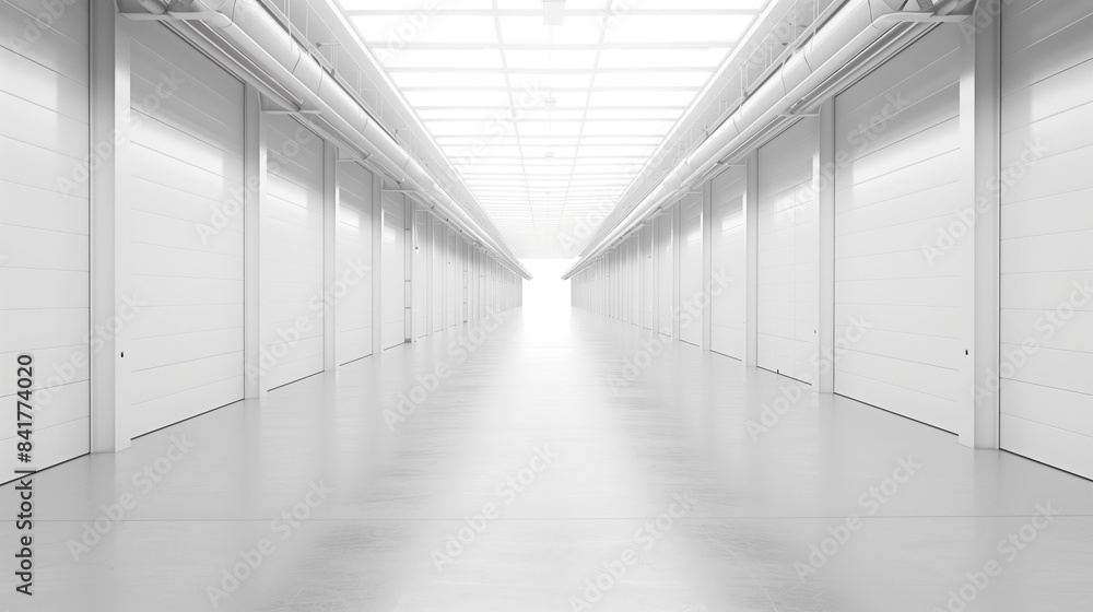 An empty big white clean warehouse. Background image. Created with Generative AI technology.