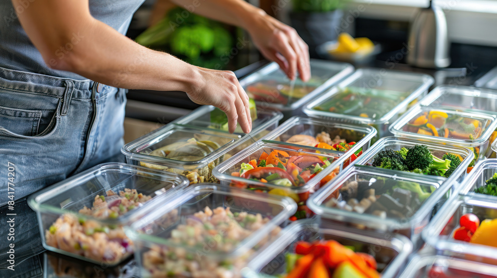 Person meal prepping healthy lunches in containers Person meal prepping healthy lunches in containers