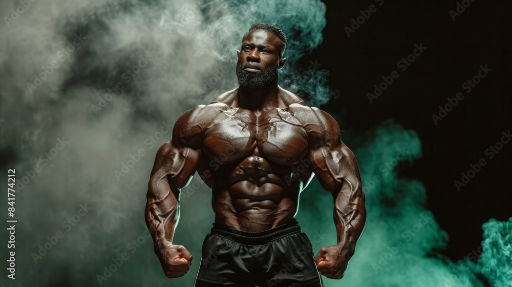 A muscular bodybuilder poses in a studio with green smoke surrounding him. A muscular bodybuilder poses in a studio with green smoke surrounding him.