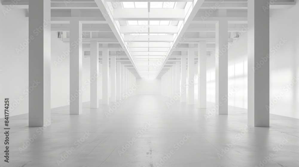 Fototapeta premium An empty big white clean warehouse. Background image. Created with Generative AI technology.