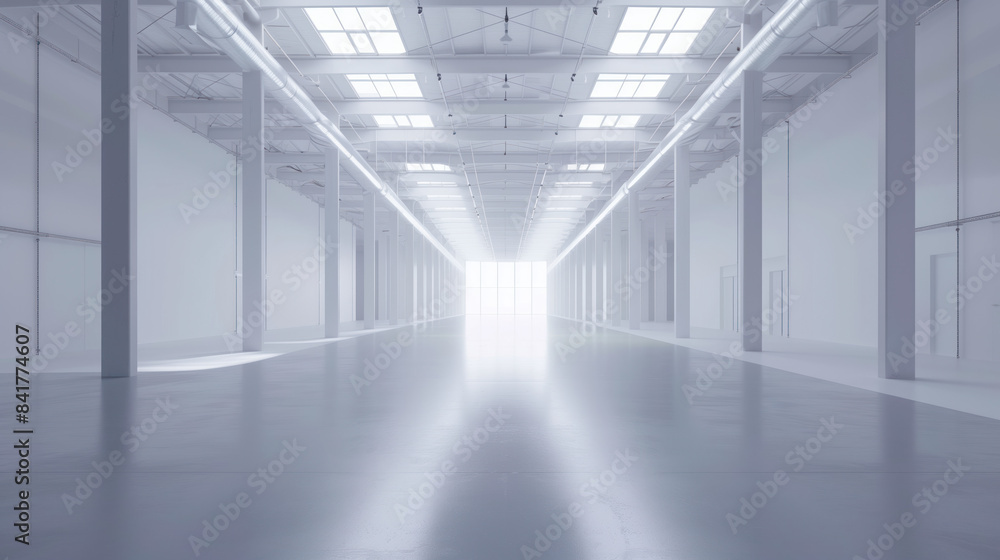 An empty big white clean warehouse. Background image. Created with Generative AI technology. An empty big white clean warehouse. Background image. Created with Generative AI technology.