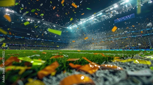 Celebratory UEFA Champions League Final: Lay’s Logo Confetti Falling on Pitch During Winner’s Podium Celebration