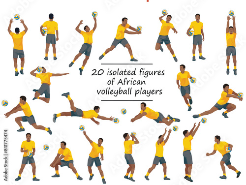 African volleyball team players in yellow T-shirts in various poses training, running, jumping, throwing, hitting the ball