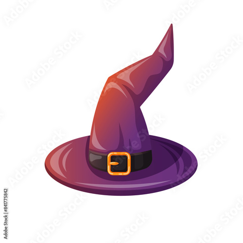 Halloween wizard hat in cartoon. Magic spooky purple witch cap. Vector illustration isolated on a white background.