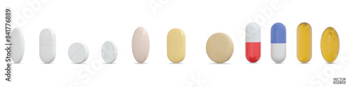 Set of 3d realistic pills isolated on white background. Medical Pill, Capsule, Tablet, medicine drug Collection. 3D vector illustration.