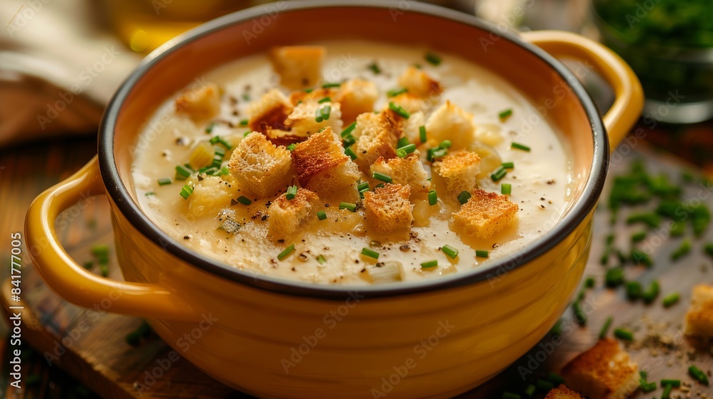 Delicious Creamy Soup in Yellow Pot with Croutons Delicious Creamy Soup in Yellow Pot with Croutons