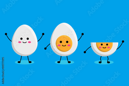 Vector design of boiled eggs with smiling faces. Halved boiled eggs. Healthy breakfast