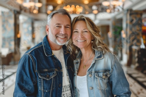 Portrait of a smiling caucasian couple in their 40s sporting a rugged denim jacket in luxurious hotel lobby
