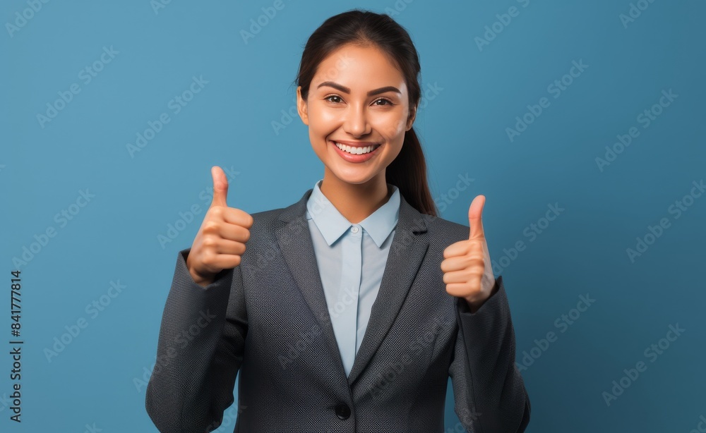 Confident Businesswoman Giving Thumbs Up in Front of Blue Background Confident Businesswoman Giving Thumbs Up in Front of Blue Background
