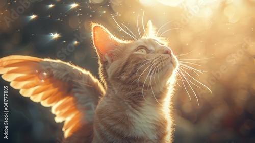 Majestic cat with wings looking towards the light  surrounded by sparkles. Ethereal and magical scene capturing beauty and serenity.