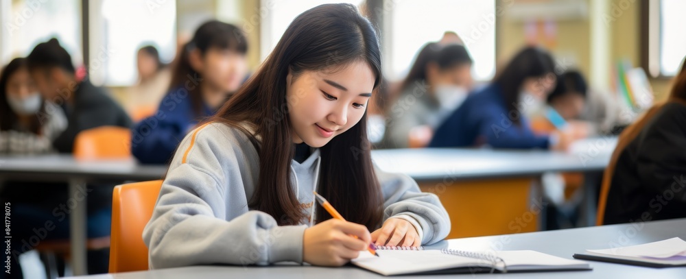 Young Woman Taking Notes in a Classroom During a Daytime Lecture Young Woman Taking Notes in a Classroom During a Daytime Lecture