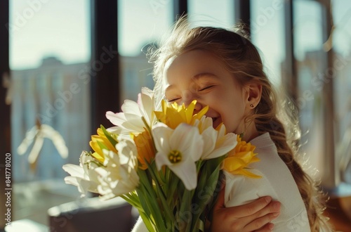Young Girl Smiling While Holding a Bouquet of Tulips on a Sunny Day