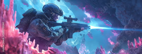Soldado futurista equipado com equipamentos de alta tecnologia, escaneando uma paisagem alienígena iluminada por neon, preparado e pronto para o combate