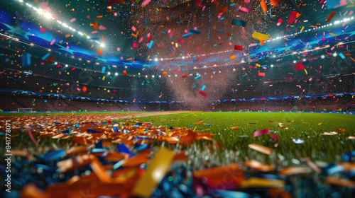 Celebratory UEFA Champions League Final: Lay’s Logo Confetti Falling on Pitch During Winner’s Podium Celebration