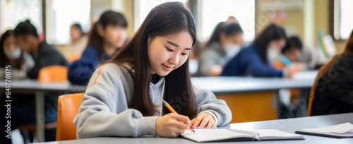 Young Woman Taking Notes in a Classroom During a Daytime Lecture
