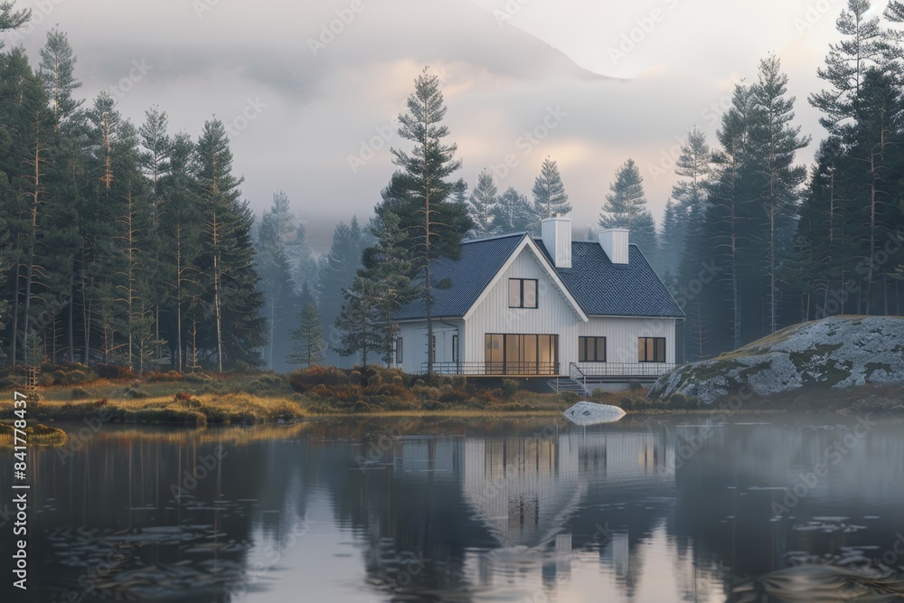 Fototapeta premium white house with dark roof sits edge of a lake surrounded dense forest. morning mist rising from the water creating a serene and peaceful atmosphere. concept: living in a country house near a lake